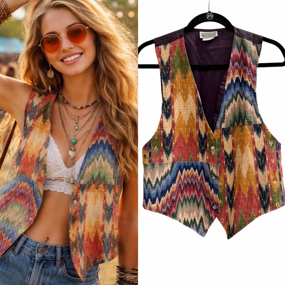 MIRRORS Vintage Southwest Ikat Tapestry Vest Aztec / Tribal Pattern Size Small